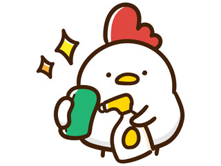 スポンジとスプレー洗剤を持って掃除をするかわいいにわとりママイラスト