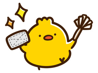 雑巾とはたきを持って掃除を手伝うかわいいひよこイラスト © choconasu
