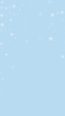 Falling snowflakes christmas background. Subtle flying snow flakes and stars on light blue winter backdrop. Beautifully falling snowflakes overlay. Vertical vector illustration.