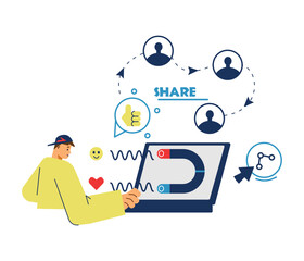 Blogger influencer posting viral content in social networks flat vector isolated.