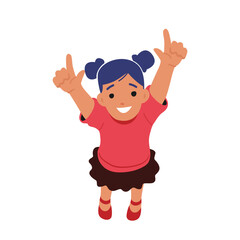 Happy Baby Girl Looking Up and Pointing on Sky Isolated on White Background. Cheerful Child Character Laugh and Smile