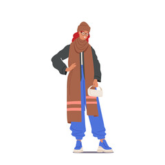 Winter Fashion Concept. Female Character Posing in Warm Clothes Isolated on White Background. Girl in Long Scarf, Hat