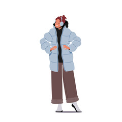 Girl Posing in Trendy Winter Apparel. Young Woman Wear Modern Jacket and Earflaps, Wintertime Fashion Concept