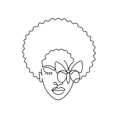 Face of an Afro American woman in a modern abstract minimalist one line style with a butterfly. Continuous black line of an African girl simple drawing. Isolated on white. Vector illustration.