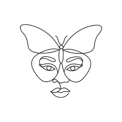 Face of an Afro American woman in a modern abstract minimalist one line style with a butterfly. Continuous black line of an African girl simple drawing. Isolated on white. Vector illustration.