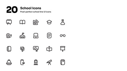 School pixel-perfect line icons suitable for website and mobile apps ui design