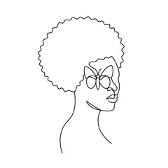 Face of an Afro American woman in a modern abstract minimalist one line style with a butterfly. Continuous black line of an African girl simple drawing. Isolated on white. Vector illustration.