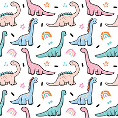 Seamless Pattern with Cartoon Dinosaur Design on White Background