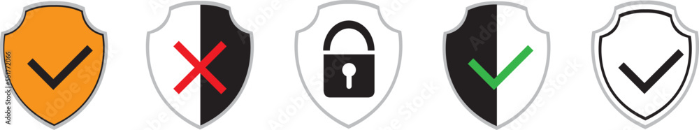 Poster set of security shield icons, security shields logotypes with check mark and padlock. security shiel