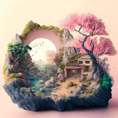 landscape with tree and house Diorama | AI