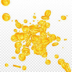 American dollar coins falling. Scattered gold USD