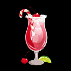 Shirley Temple cocktail.A festive drink decorated with a candy cane and a cherry.Christmas non-alcoholic cocktail.