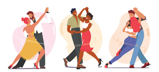 Young Couples Dancing Sparetime, Characters Active Lifestyle, Men and Women Spend Time Together Tango, Bachata or Salsa - obrazy, fototapety, plakaty