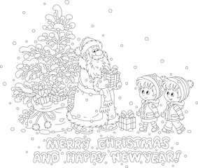 Merry Christmas and happy New Year card with Santa Claus, a snowy Christmas fir tree and a magic bag of holiday gifts for little kids, black and white vector cartoon illustration