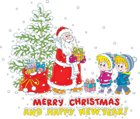 Merry Christmas and happy New Year card with Santa Claus, a snowy Christmas fir tree and a magic bag of holiday gifts for little kids, vector cartoon illustration isolated on white