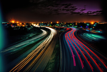 Fototapeta na wymiar Beautiful nighttime picture of traffic lights on the highway. Generative AI