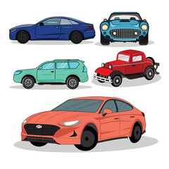vector cars of different types and colors vector illustrations set. car designs, side view of hatchback, sedan, coupe, SUV, isolated on white background.
