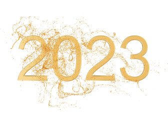 Golden numbers 2023 with glitter particles on transparent background. Happy New Year. Shiny confetti. Party, Merry Christmas, New year decoration. Celebration, element for event card. 3D render.