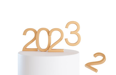 Golden numbers 2023 standing on podium, on transparent background. Happy New Year 2023. Party, Merry Christmas, New year. Celebration. Cut out element for event card. 3D render.