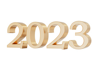 Golden numbers 2023 on transparent background. Happy New Year 2023. Party, Merry Christmas, New year. Celebration. Cut out element for event card. 3D render.