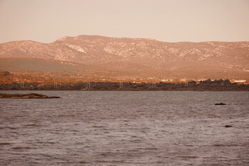 Lake landscape with mountains at sunrise. Lake of Leucate, Languedoc-Roussillon, France.
Lake of Salses between the departments of Pyrénées-Orientales and Aude in Occitania.