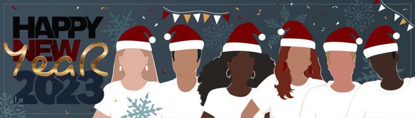 Happy New Year 2023 long horizontal banner. A group of diverse people wearing Santa hats. Modern flat illustration.