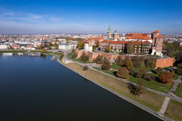 Fototapeta na wymiar Wawel Castle (Zamek na Wawelu) Kraków, Poland, Vistula river, aerial view, aerial landscape, aerial city, aerial photography, aerial view city