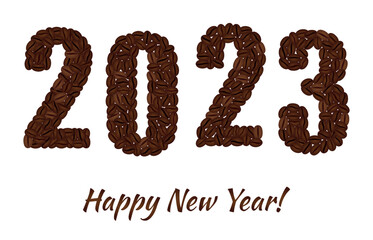 Happy New Year. Figures 2023 created from coffee beans isolated on a white background.