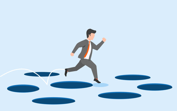 Vector Iilustration Of A Business Man Jumps Between Holes With Confidence To Reach The Goal. Experience Makes Business People More Confident In Facing All Kinds Of Traps, Obstacles And Situations