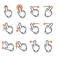 Touch gesture vector line icon set. Hand swipe and slide. 
Touchscreen technology, tap on screen, drag and drop. 
Smartphone mobile app or user interface design template.
