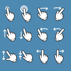 Fototapeta premium Touch gesture vector line icon set. Hand swipe and slide. Touchscreen technology, tap on screen, drag and drop. Smartphone mobile app or user interface design template. 