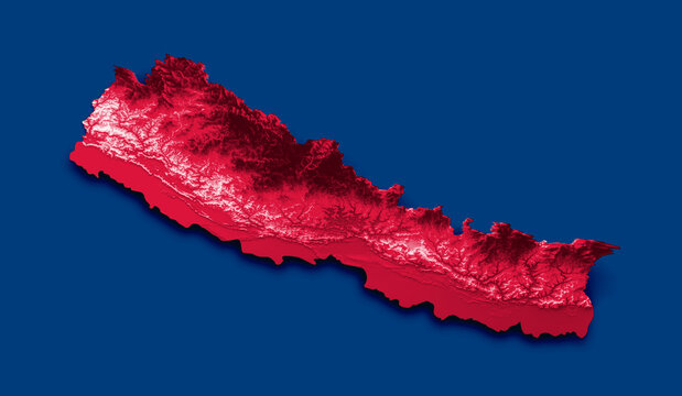 Nepal map with the flag Colors Blue White and Red Shaded relief map 3d illustration