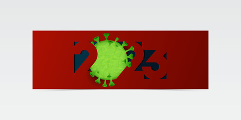 Happy New Year 2023 banner template design with covid-19 and decoration for Corona Virus pandemic concept. Health banner for New Year in paper cut style. 