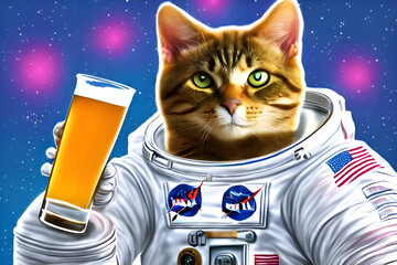 generative AI gatto astronauta beve birra  - obrazy, fototapety, plakaty