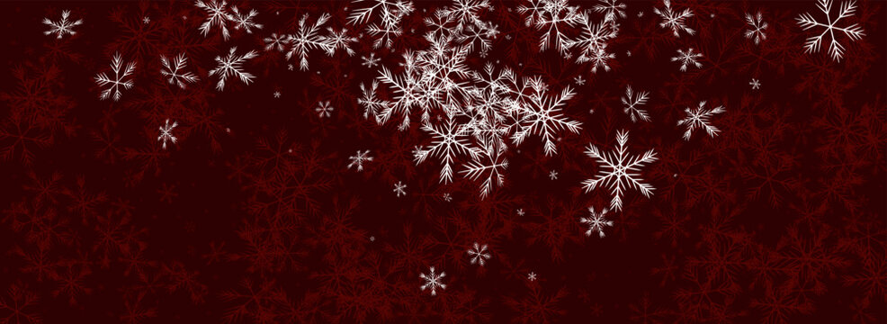 Silver Snowflake Vector Panoramic Red Background.