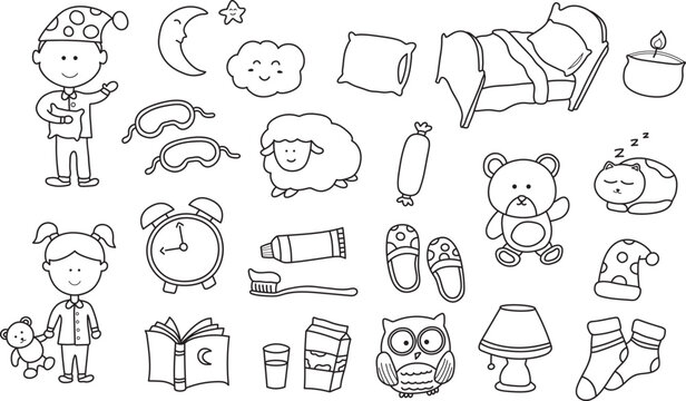 hand drawn kids drawing Vector illustration set of sleep time, bed time icon in doodle style