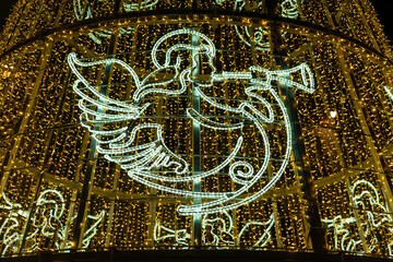 Christmas decoration inside Christmas Tree on Constitution square in Malaga, Spain on December 3, 2022