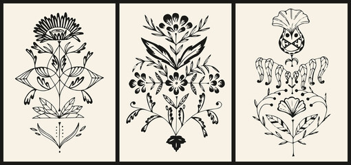 A set of three backgrounds for typography, decor, covers. Vintage stylish symmetrical illustration with flowers, patterns, lines. Black geometric shapes on beige.
