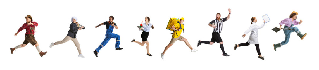 Set of different people of different professions running in a line over white background. chef,...