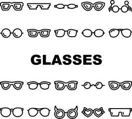 eye glasses frame fashion icons set vector. black old lens, retro style, round cool, vision modern, sun spectacles sunglasses eye glasses frame fashion black contour illustrations
