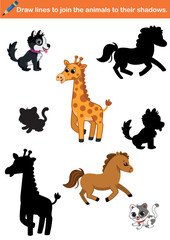 Draw lines to join the animals to their shadows. Educational vector illustration for children.
