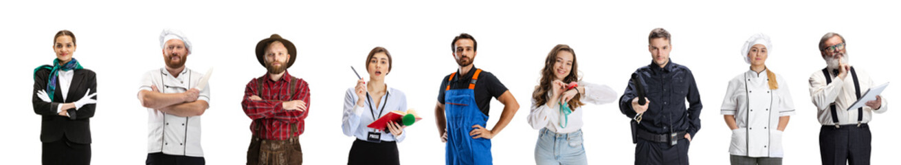 Set of different people of different professions standing over white background.Stewardess, architect, seamstress, blacksmith, Bavarian, journalist, mechanic, policeman, chef, professor
