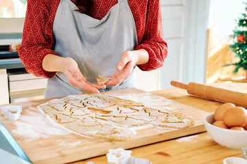 Woman's hands putting cookies a shape of christmas gingerbread on oven paper. Baking homemade pastries. Christmas and New Year traditions festive food.