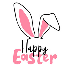 Happy Easter. Handwritten text with rabbit ears. Easter bunny. Holiday design. Vector illustration