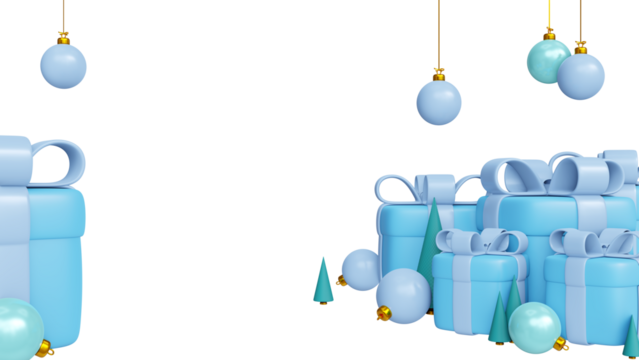 Merry Christmas and Happy New Year background. Pile of blue gift boxes with a beige bow, handing decorative balls bauble, green pine trees. Holiday banner, web poster, greeting card. 3d rendering