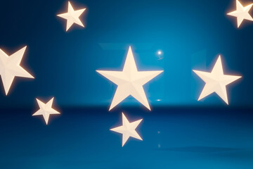 Light emitting three dimensional stars on blue metallic background.
