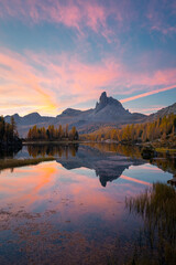 Federa lake during sunrise, with autumnal colors. Federa Lake, Cortina d'Ampezzo, Belluno province, Veneto, Italy - 551779043