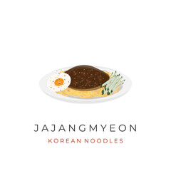 Illustration of Korean Jajangmyeon Black Noodles on a Plate