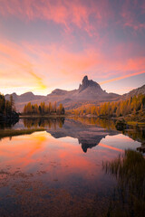 Federa lake during sunrise, with autumnal colors. Federa Lake, Cortina d'Ampezzo, Belluno province, Veneto, Italy - 551779066