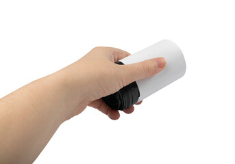 Garbage Bag Roll in Hand Isolated. Hand Holds Trash Package, New Rolled Plastic Bin Bags, Black Container